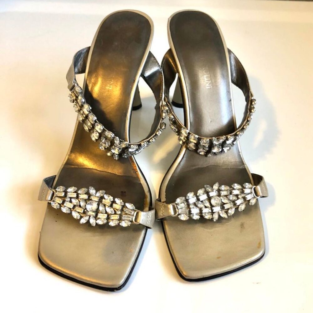 Vintage Y2K ENZO ANGIOLINI Bezella Gold Leather Rhinestone Stiletto Sandals 7.5 - Picture 4 of 8